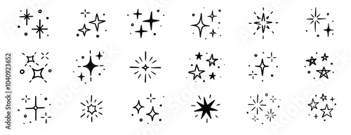 Twinkle star vector spark element icon. Star twinkle glitter spark hand drawn shine icon set. Hand drawn sketch doodle style. Magic light decoration background vector illustration