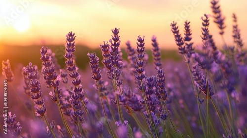 Lavender Field Serenity  a captivating view of lavender blossoms dancing in the breeze under the warm glow of golden hour light.