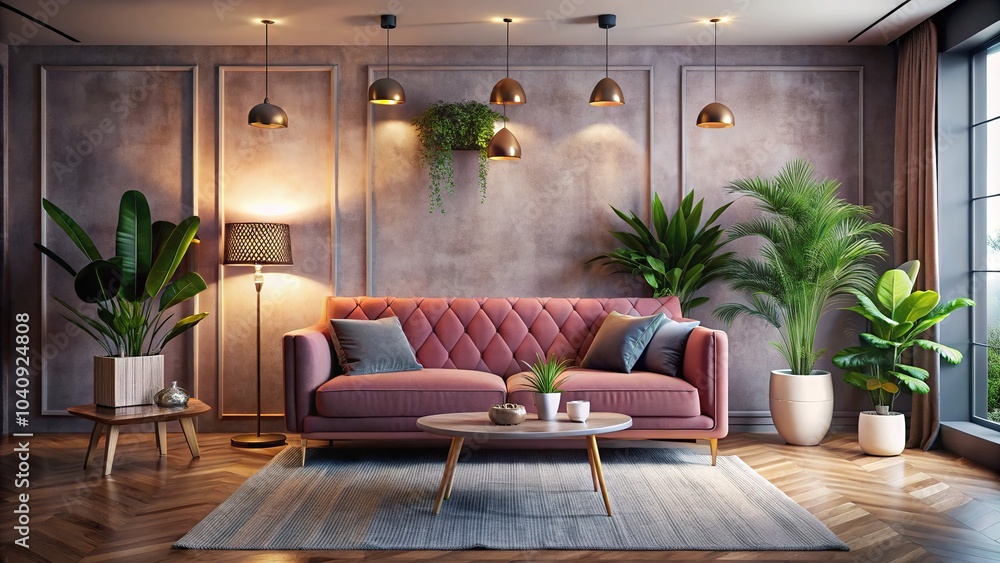 Fototapeta premium Scandinavian design meets plush comfort with a pink velvet sofa amidst greenery.