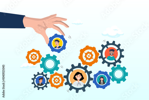 Solution for team, building organization, people management or career development, job position to help success, skill or efficiency concept, businessman hand put new employee to fix cogwheel gears