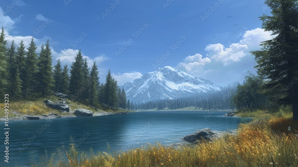 Fototapeta premium Tranquil Mountain Lake Under Clear Blue Sky