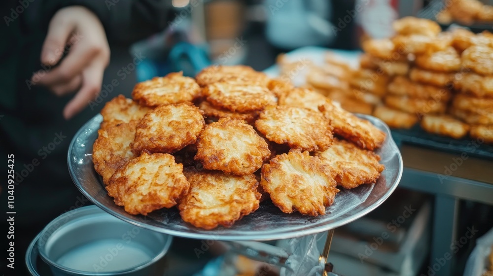 Crispy Turnip Cakes on a Silver Plate Crispy Turnip Cakes on a Silver Plate