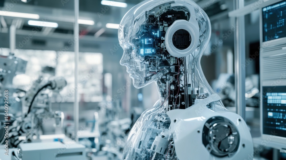 A humanoid robot with a transparent casing revealing internal circuits, set in a high-tech workshop with various electronic tools and gadgets, industrial and tech-focused setting A humanoid robot with a transparent casing revealing internal circuits, set in a high-tech workshop with various electronic tools and gadgets, industrial and tech-focused setting