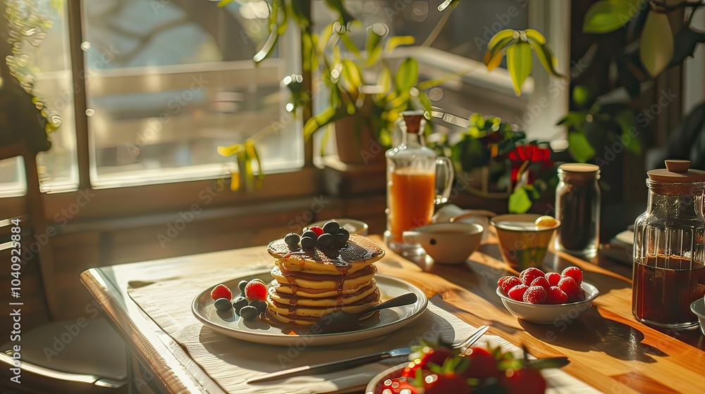 A colorful breakfast spread featuring pancakes, syrup, and fresh berries, with sunlight streaming through a kitchen window. A colorful breakfast spread featuring pancakes, syrup, and fresh berries, with sunlight streaming through a kitchen window.