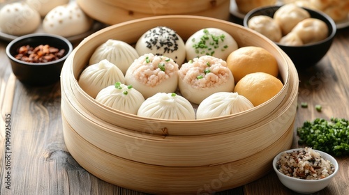 Assorted Steamed Buns with Various Fillings in a Steamer