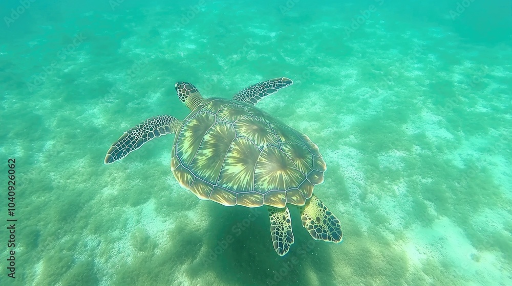 Fototapeta premium Serene Underwater View of a Turtle in Blue Sea