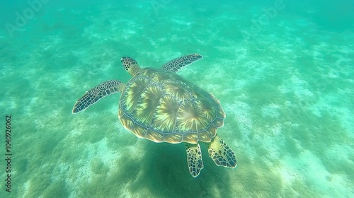 Serene Underwater View of a Turtle in Blue Sea