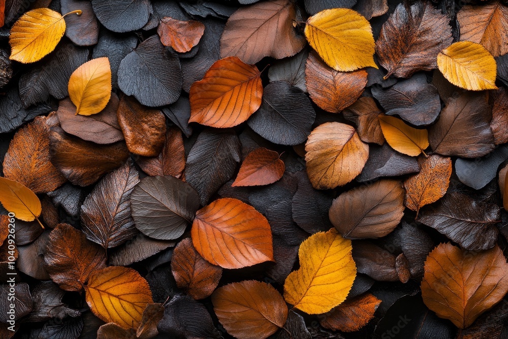 Fototapeta premium Hyper-realistic autumn forest, with incredibly detailed leaves and tree bark, captured in a sweeping panoramic view