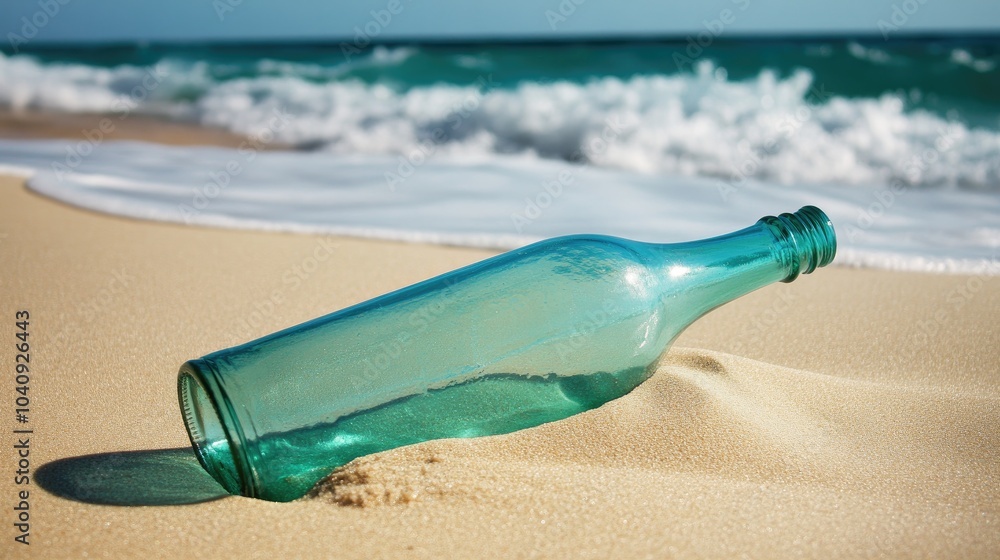 Glass Bottle on Sandy Beach with Ocean Waves Glass Bottle on Sandy Beach with Ocean Waves