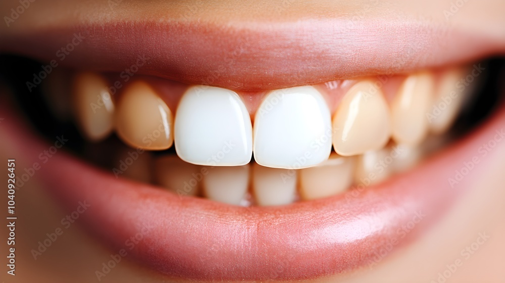 Fototapeta premium Split image showcasing tooth shade change from yellowish to bright white after a week of whitening strips, High Detail, Neutral Background, Sharp Focus