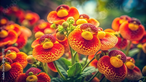 Vintage Calceolaria Bloom - Red and Yellow Flower Closeup photo