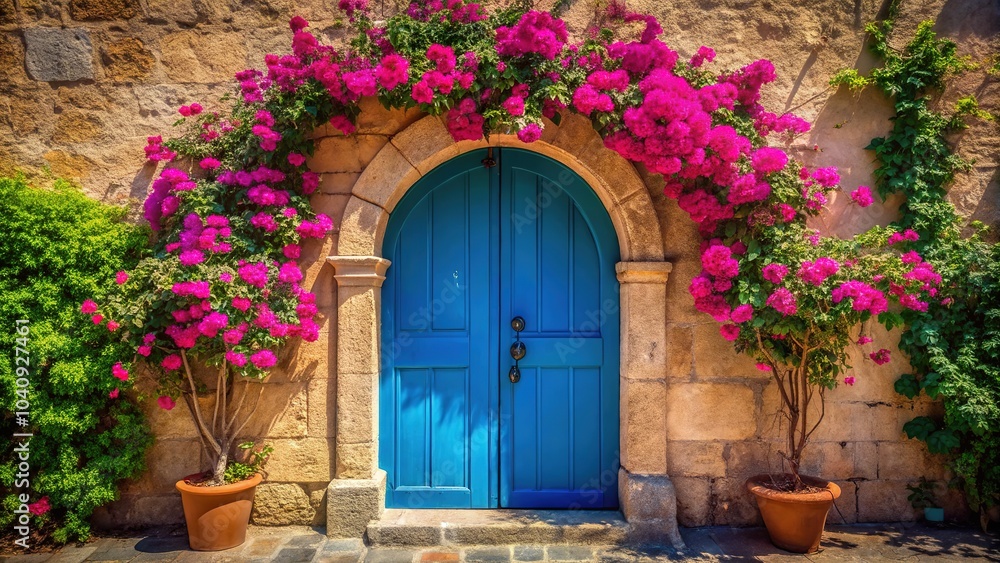 Fototapeta premium Stone arches cradle a blue silhouette, blooming with pink flowers.