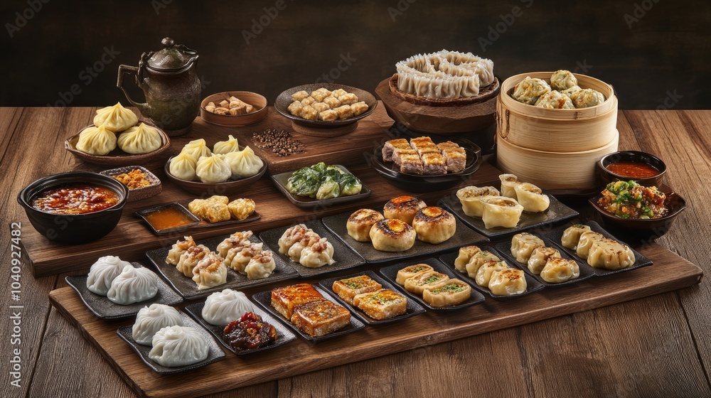 Traditional Dim Sum Spread on Wooden Table Traditional Dim Sum Spread on Wooden Table