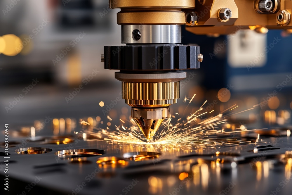 Laser cutting machine processing metal sheets, with sparks flying as it creates precise shapes Laser cutting machine processing metal sheets, with sparks flying as it creates precise shapes