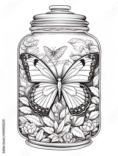  A butterfly inside an empty jar, coloring page for adults, with thick lines, in black and white, in grayscale