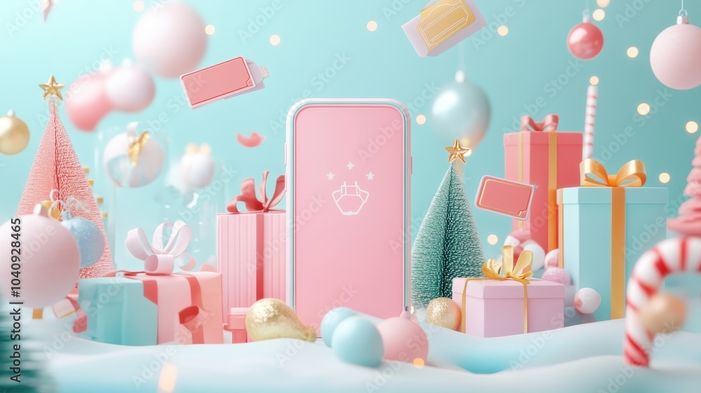 Abstract 3D model of a smartphone with exploding icons of shopping,Christmas day in winter season,gifts and christmas tree,santa,happy new year,discounts and digital payment solutions,pastel theme. Abstract 3D model of a smartphone with exploding icons of shopping,Christmas day in winter season,gifts and christmas tree,santa,happy new year,discounts and digital payment solutions,pastel theme.