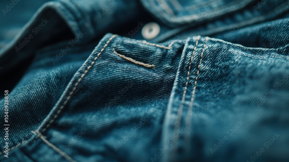 Fototapeta premium Classic jeans texture and Stylish blue denim jacket pocket,Blue denim jacket,jean opened pocket with a button,outfit jeans background,Popular fashion clothing,space for text.