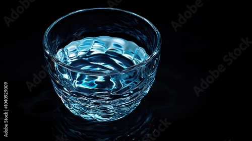 A glass of water with a textured bottom sits on a black surface, reflecting blue light.