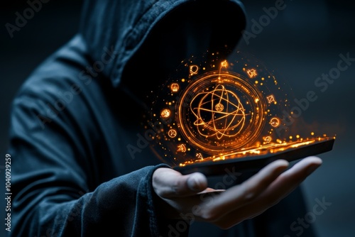 Mystical figure holding a glowing staff, with alchemical symbols hovering around them, symbolizing mastery of the elements and hidden knowledge photo