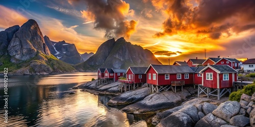 The dramatic Norwegian sky frames a silhouette of red rorbu houses. photo