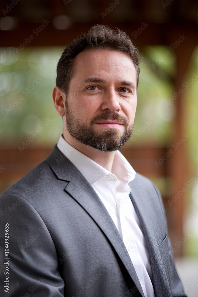 medium shot portrait of man in his 40s, dressed in suit, exuding confidence and professionalism. background features natural setting, enhancing overall appeal medium shot portrait of man in his 40s, dressed in suit, exuding confidence and professionalism. background features natural setting, enhancing overall appeal
