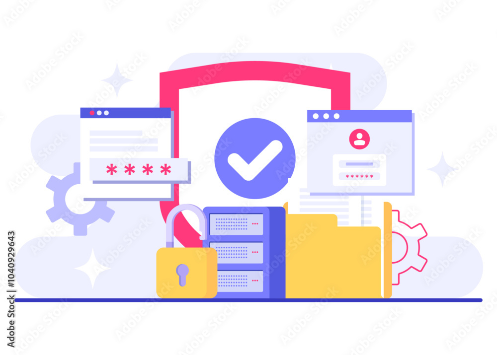 Database protection, Cyber security, Data Center, File management, cloud storage, Privacy data protection flat illustration for landing page, mobile app, poster, flyer, web banner, infographic Database protection, Cyber security, Data Center, File management, cloud storage, Privacy data protection flat illustration for landing page, mobile app, poster, flyer, web banner, infographic