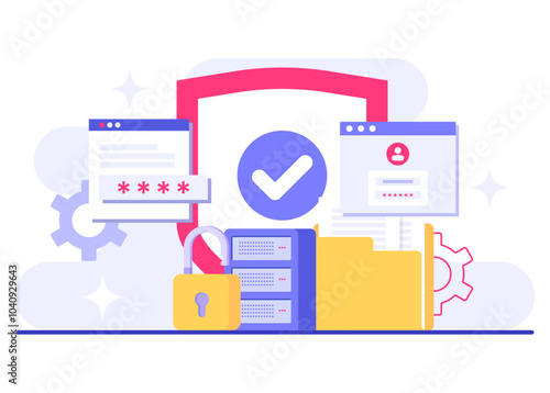 Database protection, Cyber security, Data Center, File management, cloud storage, Privacy data protection flat illustration for landing page, mobile app, poster, flyer, web banner, infographic
