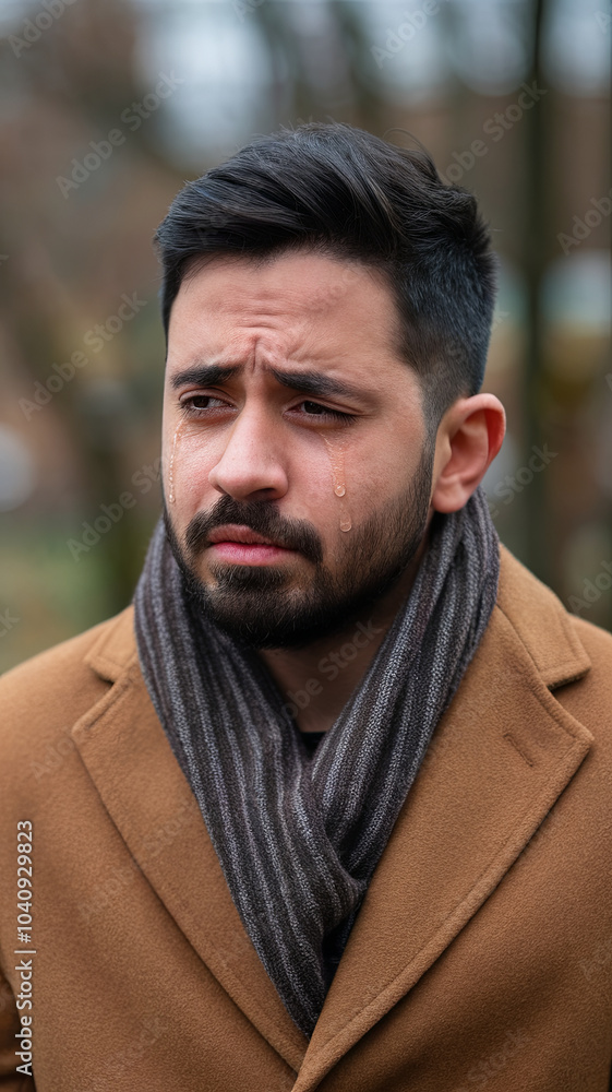 man with beard wearing brown coat and striped scarf looks emotional with tears on his face, reflecting sadness in natural setting man with beard wearing brown coat and striped scarf looks emotional with tears on his face, reflecting sadness in natural setting