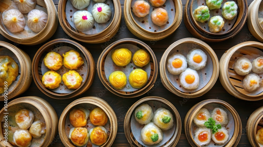 Exquisite Dim Sum Dishes in Bamboo Baskets Exquisite Dim Sum Dishes in Bamboo Baskets