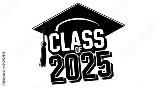 2025 Senior Graduation Cap Graphic Design, Bold black-and-white graphic featuring a graduation cap with "2025 Senior" text, symbolizing the class of 2025 and graduation milestones.

