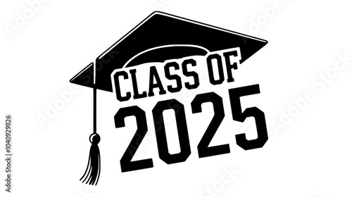 2025 Senior Graduation Cap Graphic Design, Bold black-and-white graphic featuring a graduation cap with "2025 Senior" text, symbolizing the class of 2025 and graduation milestones.

