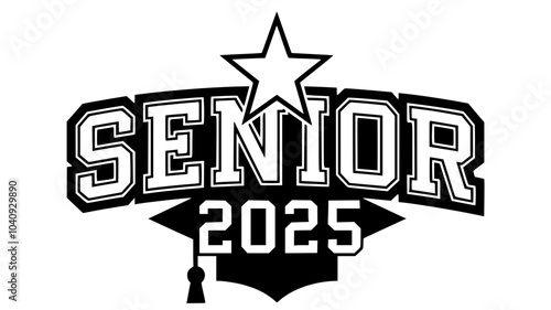 2025 Senior Graduation Cap Graphic Design, Bold black-and-white graphic featuring a graduation cap with "2025 Senior" text, symbolizing the class of 2025 and graduation milestones.

