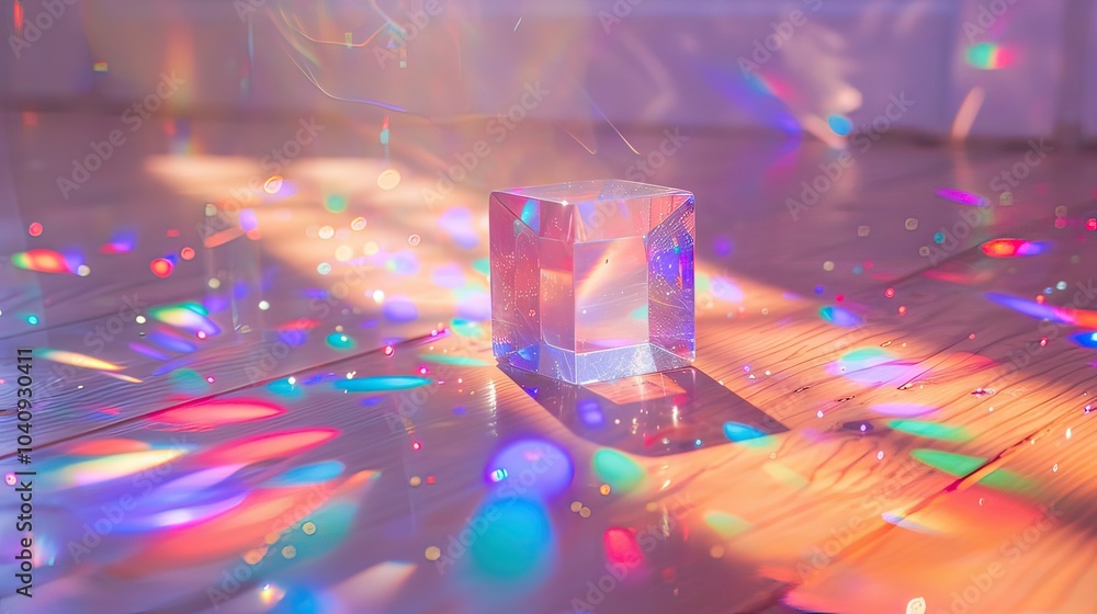 A high-angle view of a glass prism surrounded by colorful light spots on a table. A high-angle view of a glass prism surrounded by colorful light spots on a table.