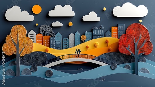 Captivating paper cut depicting a pedestrian bridge that connects two vibrant neighborhoods showcasing a modern and minimalist architectural design with a focus on community connection photo