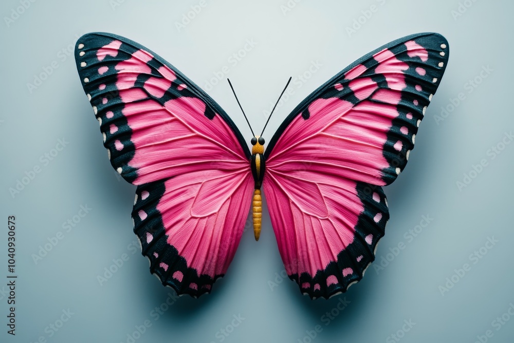 Obraz premium Pink butterfly gently floating on a plain white background, with minimalist wings delicately capturing lightness and grace