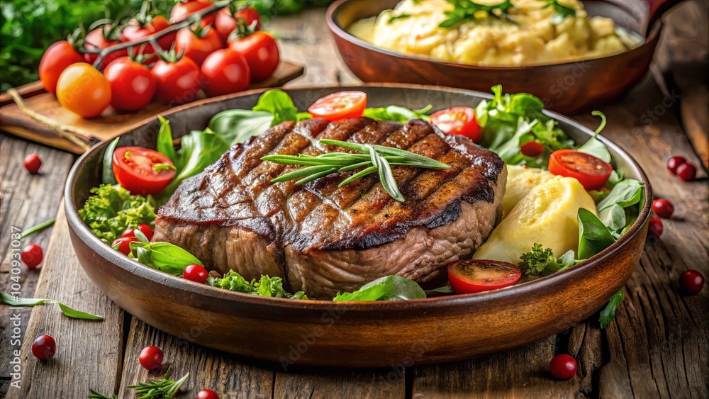 A perfectly grilled steak resting on a bed of fresh greens, accompanied by a side of mashed potatoes and bright red cherry tomatoes, all arranged on a rustic wooden table. A perfectly grilled steak resting on a bed of fresh greens, accompanied by a side of mashed potatoes and bright red cherry tomatoes, all arranged on a rustic wooden table.
