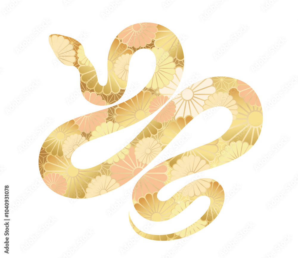 Φωτογραφία Year Of The Snake Vector Gold Zodiac Symbol Decorated With Japanese Vintage Chrysanthemum Pattern Isolated On A White Background