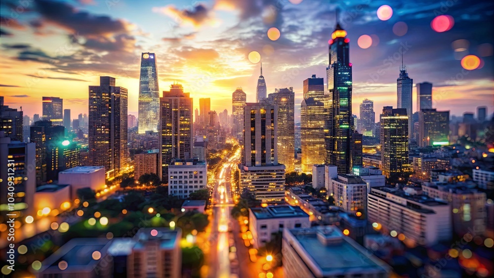 Fototapeta premium A shimmering tapestry of city lights and towering structures bathed in the warm glow of a fading sunset