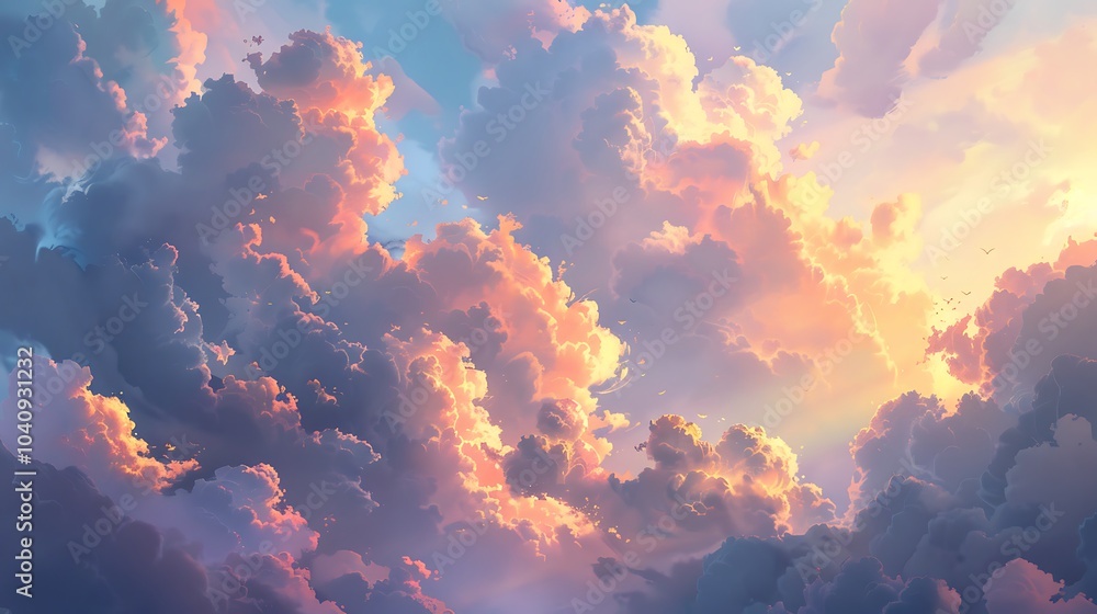 Fluffy clouds illuminated by the last light of day. Fluffy clouds illuminated by the last light of day.