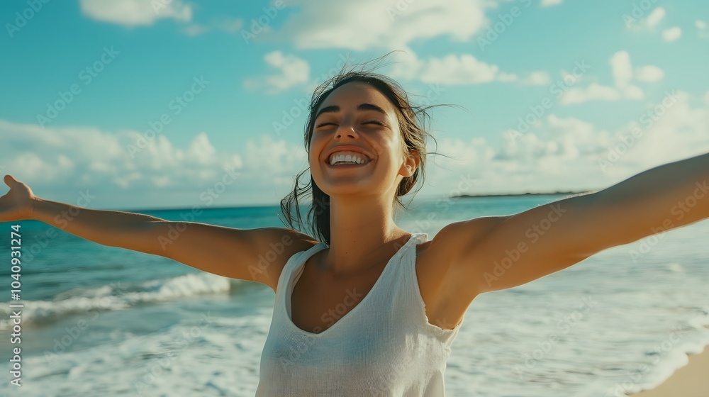 happy woman enjoying freedom with open hands on sea. happy woman enjoying freedom with open hands on sea.