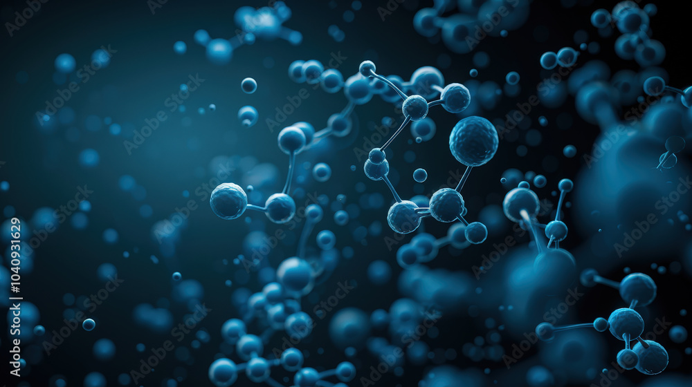 Molecular structures and DNA strands float in vibrant blue cloud, creating captivating and dynamic visual of scientific exploration and discovery Molecular structures and DNA strands float in vibrant blue cloud, creating captivating and dynamic visual of scientific exploration and discovery