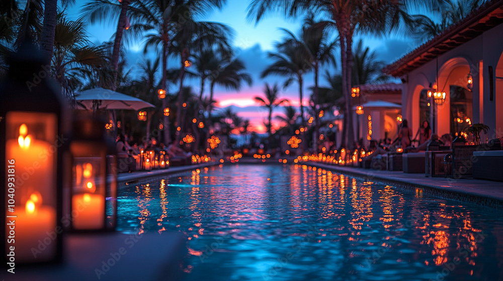 lively poolside party at dusk, bathed in vibrant neon lights. Guests are joyfully mingling, and the atmosphere radiates energy and excitement, capturing a moment of fun and celebration lively poolside party at dusk, bathed in vibrant neon lights. Guests are joyfully mingling, and the atmosphere radiates energy and excitement, capturing a moment of fun and celebration