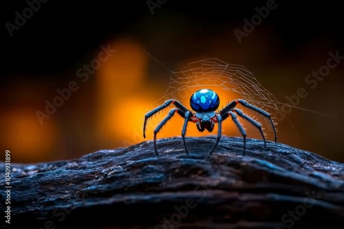 Shadowy spider weaving a web in a dimly lit forest, with moonlight filtering through the dark trees photo