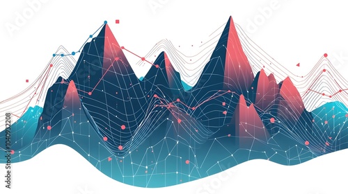 Expanding graph lines in a digital landscape representing the growth and analysis of data and information  Flat design with abstract shapes patterns and textures on a clean white background