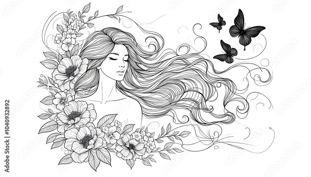 Fototapeta premium Elegant Woman with Flowing Hair and Butterflies