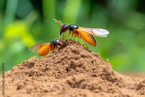 Termites building their mound, working together to construct the tall, earthy structure photo