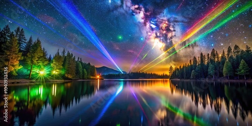 Neon Rainbow Laser Reflections on a Serene Lake Amidst a Lush Forest Under a Starry Night Sky - Urban Exploration Photography