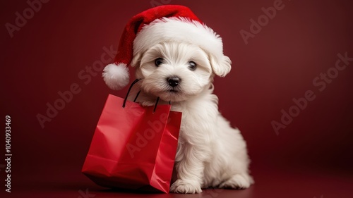 Portrait of White maltese dog holding a shopping bag in its mouth on studio background in christmas day,shopping bags ready for discount and winter sale at the mall,space for text.