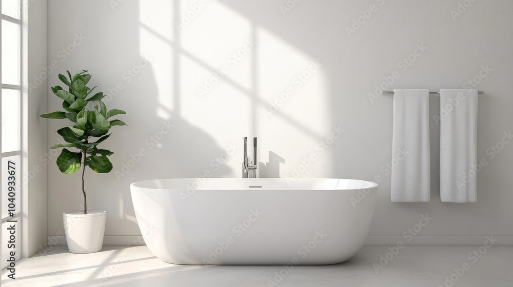 A modern bathroom featuring sleek white bathtub, potted plant, and neatly hung towels. natural light creates serene and inviting atmosphere, perfect for relaxation A modern bathroom featuring sleek white bathtub, potted plant, and neatly hung towels. natural light creates serene and inviting atmosphere, perfect for relaxation