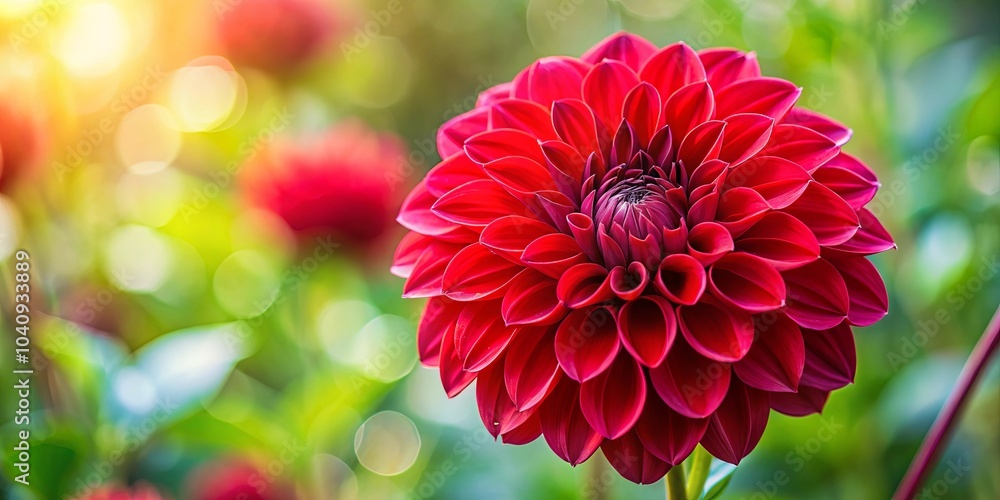 A single crimson dahlia blossom with delicate petals, bathed in the soft glow of sunlight, stands out against a backdrop of lush greenery and gentle bokeh. A single crimson dahlia blossom with delicate petals, bathed in the soft glow of sunlight, stands out against a backdrop of lush greenery and gentle bokeh.